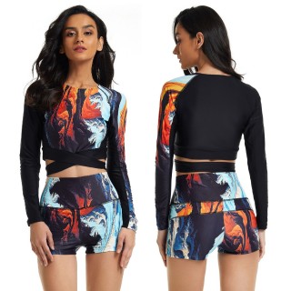 2022 custom printe crop top women rash guard swimming two piece long sleeve swimsuit ladies surf bikini bathing suit