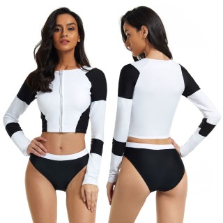 Women Long Sleeve UV Protection UPF 50+ Rash Guard 2 PC Black And White Swimsuit Set