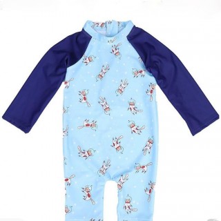Oem lovely baby boys 1 pcs long sleeve back half zip kids swimming wear suit with hat